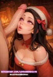 adult_female ai_assisted ai_generated christmas christmas_outfit christmas_present demon demon_slayer hi_res kittew_(style) nezuko_(demon_form) nezuko_kamado oni penis penis_on_face sadtomato santa_costume tagme