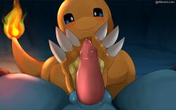 ambiguous_gender animal_genitalia animal_penis anthro blue_eyes blush canid canine canine_genitalia canine_penis charmander claws duo feet foot_fetish foot_play footjob generation_1_pokemon generation_4_pokemon genitals intersex intersex/male looking_at_viewer male mammal nintendo penis pokemon pokemon_(species) reptile riolu scalie sex toe_claws winick-lim