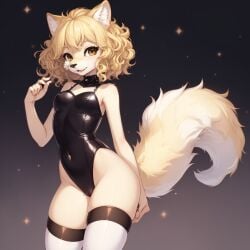 ai_generated anthro blonde_hair cameltoe cat_ears curly_hair furry leotard stockings teenager