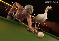 3d 4k absurd_res beak big_breasts billiard_table breasts ciri dutch_angle entitledgoose female goose green_eyes highres light-skinned_female looking_at_viewer mascara playing_pool scar snooker_table solo the_witcher_(series) the_witcher_3:_wild_hunt what white_feathers white_hair