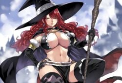 1girls ai_generated braid braided_hair fairy_tail female irene_belserion mature_female mullon novelai red_hair snow staff witch_hat