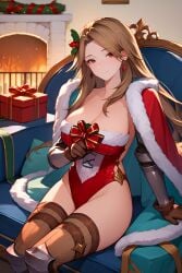 ai_generated breasts brown_hair cape female female_only granblue_fantasy hair_ornament katalina_(granblue_fantasy) katalina_aryze large_breasts leotard long_hair pale-skinned_female red_eyes red_leotard sitting smile thick_thighs thighs