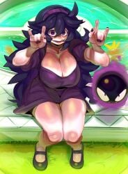 @_@ absurdres breasts cashumeru dress fingernails gastly gen_1_pokemon hands_up hex_maniac highres knees large_breasts long_hair looking_at_viewer mary_janes mature_female nail_polish nintendo open_mouth pokemon pokemon_xy purple_dress purple_eyes purple_hair shoes sitting sweat thick_thighs thighs veins veiny_breasts wide_hips