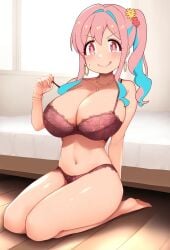 ai_generated artist_request bare_thighs bra flower_in_hair gigantic_breasts hozuki_kaede huge_bra huge_breasts huge_thighs light-skinned_female light_skin massive_breasts multicolored_hair onii-chan_wa_oshimai! panties pink_eyes pink_hair side_ponytail smiling solo_female squatting sweat sweatdrop thick_body thick_female thick_thighs thighs voluptuous voluptuous_female