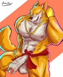 2024 2d 2d_(artwork) anthro big_balls big_penis closed_eyes erect_penis fox furry gloved just_dance just_dance_2015 male only_male orange_fur pandertimber principal_dancer_of_the_fox sitting strong ubisoft veins_on_dick veiny_penis