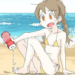 akame-chan_(kyo-yan) artificial_vagina artist_name beach bikini braid cum day female flying_sweatdrops highres holding holding_sex_toy horizon jaggy_lines kyo-yan ocean oekaki orange_eyes original outdoors sex_toy side-tie sitting solo sweatdrop swimsuit tenga twin_braids water yellow_bikini