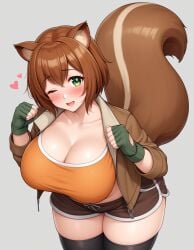 1girl, ;d, ai_generated alternate_breast_size, animal_ear_fluff, animal_ears, bent_over, black_shorts, black_thighhighs, blush, breasts, brown_hair, brown_jacket, brown_shorts, cleavage, clenched_hands, collarbone, cowboy_shot, crop_top, crossed_bangs, curvy, dolphin_shorts, fingerless_gloves, gloves, green_eyes, green_gloves, grey_background, hair_between_eyes, hands_up, heart, huge_breasts, jacket, large_breasts, leaning_forward, legs_together, long_sleeves, looking_at_viewer, marvel_rivals marvel_rivals, medium_hair, midriff, navel, one_eye_closed, open_clothes, open_jacket, open_mouth, orange_shirt, paw_pose, plump, shirt, short_hair, short_shorts, shorts, simple_background, smile, solo, sports_bra, squirrel_ears, squirrel_girl, squirrel_tail, standing, tail, taut_clothes, thick_thighs, thighhighs, thighs, virtual_youtuber, white_background, wide_hips, zipper,