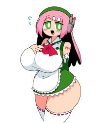 1girls apron arm_behind_back arm_tattoo bare_shoulders beret breasts detached_sleeves dress flying_sweatdrops green_dress green_eyes green_hat hairclip hand_on_own_chest hat headphones huge_breasts long_hair momone_momo negitoro_(ntlrjqsolnlijmr) number_tattoo pink_hair pink_tattoo red_ascot simple_background solo standing thick_thighs thighhighs utau white_apron white_background white_thighhighs