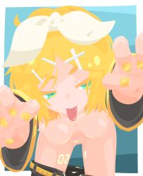 hara_id_21 kagamine_rin looking_at_viewer nude pants_down pussy tongue vocaloid