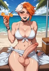 1futa ai_generated balls beach bendy_straw black_lips black_lipstick black_nail_polish black_nails blush bracelet bracelets breasts choker cleavage cock drunk ear_piercing ear_piercingins futa_only futanari holding_cocktail holding_drink large_cock large_penis lipstick looking_at_viewer nail_polish navel navel_piercing orange_eyes orange_hair orange_slice original original_character palm_tree penis piercing piercings realfruitalover sarong solo testicles unnamed_character white_bikini