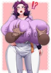 !? 1girls alternate_body_type alternate_breast_size blush breasts curvy female floating_hands gigantic_breasts grabbing grabbing_breasts groping groping_breasts kamen_no_maid_guy litiya madam_j massive_breasts nose_blush open_mouth pants purple_hair shirt short_hair tight_clothes tight_clothing tight_fit white_pants