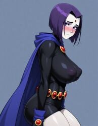 1girl, ai_generated alternate_breast_size, belt, black_leotard, blush, bob_cut, breasts, bridal_gauntlets, bright_pupils, cape, cloak, closed_mouth, colored_skin, covered_navel, covered_nipples, covering_crotch, covering_privates, cowboy_shot, curvy, dc_comics embarrassed, eyeshadow, flying_sweatdrops, forehead, gem, gloves, gradient_background, grey_skin, groin, hand_on_own_chest, hand_up, highleg, highleg_leotard, hood, hood_down, hooded_cape, huge_breasts, impossible_clothes, jewelry, large_areolae, leotard, long_sleeves, looking_at_viewer, makeup, medium_hair, nipples, no_panties, nose_blush, pale_skin, parted_bangs, pelvic_curtain, pointy_breasts, puffy_nipples, purple_eyes, purple_hair, raven_(dc), see-through, shiny_skin, simple_background, skin_tight, solo, standing, thick_thighs, thighs, wide_hips,