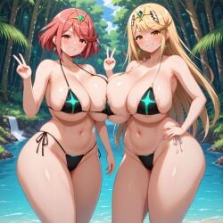 ai_generated bikini boobs_bigger_than_head boobs_pressed curvy_figure gigantic_breasts mythra mythra_(xenoblade) pyra pyra_(xenoblade) smug_grin thick_thighs xenoblade_(series)