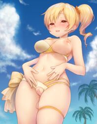 alternate_hairstyle bar_censor bikini blonde_hair blue_sky blush breasts censored cloud commentary_request day eyebrows_visible_through_hair female hands_on_stomach jewelry large_breasts mahou_shoujo_madoka_magica navel nipples palm_tree po_ni ponytail pussy pussy_juice ring short_hair sky standing swimsuit tears tomoe_mami tree yellow_eyes