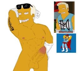 1male abs blonde_hair cock duff_beer duff_man duffman eyewear_on_head flexing_bicep male_focus muscles naked pose simpsons smirk sunglasses teeth the_simpsons veiny_penis