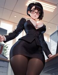 1girls ai_generated artstyle_imitation ass big_breasts black_blazer black_hair black_thighhighs blazer breasts brown_eyes cleavage eyelashes eyeshadow glasses goth goth_girl goth_slut gothic huge_breasts light-skinned_female messy_hair naughty naughty_face nerd office office_lady olie pale-skinned_female pantyhose pencil_skirt round_glasses short_hair thiccwithaq_(ai_style) thick_ass thick_legs thick_lips thick_thighs thighs wavy_hair white_shirt xandr