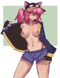 1girls breasts cat_ears female_only flashing flashing_breasts large_breasts partially_clothed pierced_nipples piercing piercings pink_hair ponytail rutothirtyfour self_upload solo steam steam_delivery_girl thick_thighs thong_straps tied_hair undressing