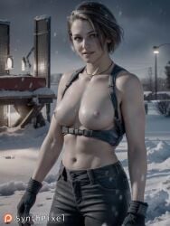 1girls ai_generated breasts detailed fingerless_gloves gloves hi_res highres jill_valentine looking_at_viewer medium_breasts navel nipples outdoors pants resident_evil resident_evil:_death_island short_hair snow snowing solo synthpixel topless