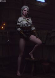 3d ciri female freckles green_eyes half-dressed half_naked light-skinned_female looking_at_viewer mascara missally no_panties scar solo tattoo the_witcher_(series) the_witcher_3:_wild_hunt white_hair