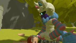 2boys 2femboys behind_bush cum cum_on_face furry furry_on_human multicolored_fur on_top_of_another outside_sex rec_room recroom recroom-nsfw red_hair