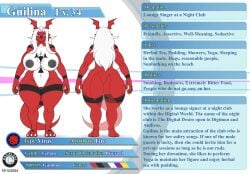 2024 absurd_res anthro ass bandai_namco big_breasts big_butt breasts curvy_figure danielssj digimon digimon_(species) english_text female genitals guilina_(lucedo) guilmon hair hi_res huge_breasts model_sheet navel non-mammal_breasts nude pussy red_body solo text thick_thighs voluptuous white_body white_hair wide_hips