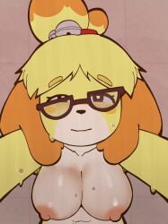 1girls animal_crossing anthro areolae breasts canine eyebrows_visible_through_hair female female_only fur furry garydayshey glasses half-closed_eyes hi_res isabelle_(animal_crossing) looking_at_viewer lunny_sketch naked naked_female navel nintendo nipples nude nude_female solo solo_female solo_focus sweat sweating tied_hair upper_body video_games yellow_body yellow_fur