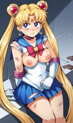 after_battle ai_generated annoyed annoyed_expression bishoujo_senshi_sailor_moon blonde_hair blue_eyes earrings exposed_breasts female female gloves hero heroine irritated looking_at_viewer pixai sailor_moon sailor_senshi_uniform scratches sitting skirt torn_clothes twintails usagi_tsukino