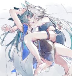 asleep clothed feixiao_(honkai:_star_rail) fox_ears fudfudddd honkai:_star_rail honkai_(series) hoyoverse leg_lock legs_wrapped_around_partner purple_eyes sleeping straddling teal_hair white_hair yukong_(honkai:_star_rail) yuri