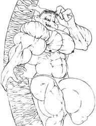 2_fingers abomination_jones against_tree anthro bedroom_eyes black_nipples bulge erection furry ghost gigantic_penis gigantic_testicles male_only muscular palm_tree penis_outline redpyrodragon sharp_claws sidesack spectre stitched_mouth sunglasses_on_head thong victoria_viper