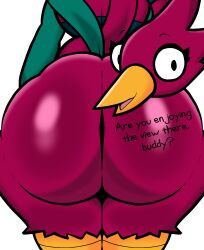 anthro ass avian beak big_butt dialogue feathers female hi_res huge_butt lewdewott looking_at_viewer pepper_(suggestivebug) raised_tail rear_view solo standing tail thick_thighs