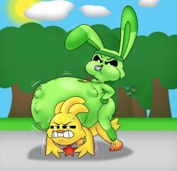 anthro anthro_female green_fur hoppy_hopscotch hoppy_hopscotch_(poppy_playtime) hyper_pregnancy kickinchicken kickinchicken_(poppy_playtime) mob_entertainment mob_games poppy_playtime poppy_playtime_(chapter_3) pregnancy pregnant pregnant_belly pregnant_female smiling_critters yellow_feathers