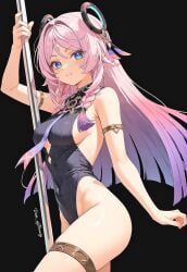 ai_generated blue_eyes braid brush citlali_(genshin_impact) dress facial_mark genshin_impact long_hair looking_at_viewer medium_breasts pink_hair smile solo thigh_strap thighs very_long_hair