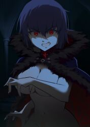 absurdres big_breasts blue_hair breasts cape ciel_(tsukihime) covering_breasts covering_privates crest dark_persona elesia_(tsukihime) enormous_breasts female fingernails fur-trimmed_cape fur_trim highres huge_breasts indoors large_breasts looking_at_viewer michael_roa_valdamjong naked_cape neva_(dir4ct_c) oerba_yun_fang plump possessed possession red_eyes roa-ciel sharp_fingernails sharp_teeth short_hair teeth thick tsukihime tsukihime_(remake) upper_body very_long_cape wide_hips