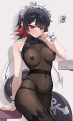 1girls absurdres alternate_costume areola_slip black_hair blush bodystocking breasts colored_inner_hair covered_navel ellen_joe fins fish_tail food_in_mouth hand_up heart_pasties highres large_breasts looking_at_viewer maid_headdress mole mole_on_arm multicolored_hair navel pasties red_eyes red_hair shadow shark_girl shark_tail short_hair squiggle tail um_111 white_background wrist_cuffs zenless_zone_zero