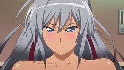 animated bangs blue_eyes bounce bouncing_breasts bra breasts bursting_breasts dark_skin erect_nipples erect_nipples_under_clothes female forced_exposure gray_hair grey_hair kansen kansen_(series) kansen_5_~the_daybreak~ large_breasts long_hair natsu_hyuuga ponytail red_ribbon screencap strapless tan_body tan_skin tubetop underwear