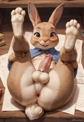 ai_generated ass_focus big_penis bunny_ears cock cock_ring cub feet_up furry furry_only laying_down legs_up male pawpads peter_rabbit rabbit yiff