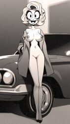 1930s 1girls areolae breasts car charlie_morningstar_(hazbin_hotel) female female_focus female_only hazbin_hotel highres mangamaster mostly_nude nipples parody pussy retro_artstyle solo solo_female solo_focus vagina vehicle