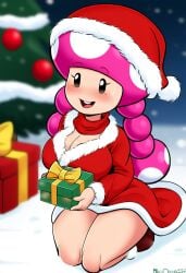 ai_generated big_breasts big_thighs breasts christmas christmas_outfit cleavage mario_(series) nintendo novelai scarf toadette v-neck