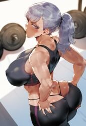 ai_generated ass_focus ass_grab black_clover breasts breasts breasts exposed_ass eye_contact female female female_focus female_only full_body fully_clothed grabbing_ass gym gym_clothes gym_clothing gym_shirt gym_uniform hair long_hair meiogun nipples_visible_through_clothing noelle_silva pov purple_eyes silver_hair sports_bra sports_uniform twintails