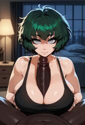 1girls ai_generated big_breasts big_penis black_t-shirt bob_cut bob_hair cleavage curvy curvy_figure dark-skinned_male dark_green_hair gray_eyes green_hair huge_breasts kaeli_(xandr) light-skinned_female light_skin looking_at_viewer messy messy_hair nerd nerdy nerdy_female paizuri paizuri_under_clothes penis_between_breasts plump plump_ass plump_butt plump_female plump_thighs short_hair thick thick_ass thick_thighs thong veiny_penis voluptuous voluptuous_female xandr