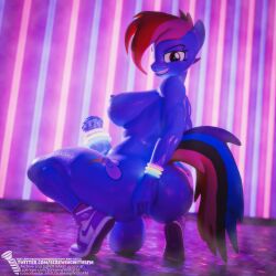 1:1 3d_(artwork) animal_genitalia animal_penis anthro areola balls blue_body breasts broly_culo clothing crouching cutie_mark digital_media_(artwork) equid equine equine_genitalia equine_penis erection footwear footwear_only friendship_is_magic genitals glowstick glowstick_bracelet glowstick_on_penis gynomorph hasbro hi_res intersex looking_at_viewer mammal meme mostly_nude my_little_pony nightclub nipples nude penis rainbow_dash_(mlp) rear_view screwingwithsfm side_boob smile smug solo tail