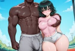 1boy 1girls abs ai_generated bare_arms bare_legs bare_shoulders bare_thighs big_breasts big_penis blush bulge color dark-skinned_male dark_skin female fubuki_(one-punch_man) grabbing_breasts green_eyes green_hair hand_on_breast hi_res interracial large_breasts light-skinned_female light_skin male male/female muscles muscular muscular_male one-punch_man randoai short_hair thick_thighs