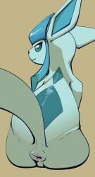 2025 4chan_anon ambiguous_gender anus ass blue_body blue_sclera brown_background canid canine closed_smile digital_media_(artwork) eeveelution female_(lore) feral generation_4_pokemon glaceon hi_res looking_at_viewer looking_back looking_back_at_viewer mammal mouth_closed nintendo pink_anus pokemon pokemon_(species) portrait presenting presenting_hindquarters puffy_anus pupils raised_tail rear_view shaded simple_background sitting slightly_chubby smile snout soft_shading solo tail