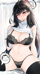 absurdres black_bra black_hair black_panties blue_archive bra breasts highres large_breasts lingerie nachtflugel panties red_eyes rio_(blue_archive) self-upload underwear