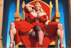 ai_assisted biceps big_balls big_breasts big_cock blonde_hair blue_eyes crown dress futanari horsecock muscular_futanari queen thick_thighs throne veiny_balls veiny_breasts veiny_penis