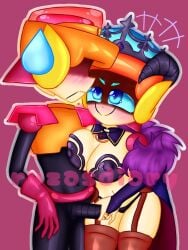 alberta_(project_qt) belt blushing_face blushing_male brawl_stars demon_horns large_breasts larry_(brawl_stars) lawrie_(brawl_stars) panties project_qt robot robotic_penis rule_63 ruz4sd1ary_(artist) ruzasdiary ruzasdiary_(artist) smirk smirking stokings stroking_cock