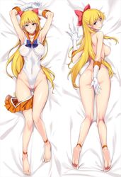 1girls anklet armpits ass barefoot bishoujo_senshi_sailor_moon blonde_hair blush bow breasts choker clothing covering covering_ass dakimakura dakimakura_design feet female female_only gloves hairbow highleg highleg_leotard highres isao jewelry kneepits leotard long_hair looking_at_viewer looking_back lying minako_aino multiple_views nude on_back on_stomach sailor_venus sideboob skirt skirt_around_one_leg small_breasts soles solo thighs tiara toes very_long_hair