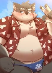 aloha_shirt anthro asian_clothing barely_visible_genitalia barely_visible_penis blue_eyes blush bulge canid canine canis clothing domestic_dog dosanco15 east_asian_clothing eyebrows facial_scar flaccid fundoshi fur genitals gesture grey_body grey_fur hand_gesture hi_res japanese_clothing lifewonders male mammal moritaka_(tas) navel pattern_clothing pattern_shirt pattern_topwear pecs penis penis_base scar shirt solo thick_eyebrows tokyo_afterschool_summoners topwear underwear v_sign