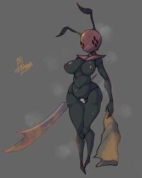 2025 4:5 absurd_res antennae_(anatomy) anthro areola armor arthropod bayonet_(artist) biped bodily_fluids breasts censor_bar female genitals god_tamer grey_background headgear helmet hi_res holding_melee_weapon holding_object holding_weapon hollow_knight melee_weapon nipples nude pussy signature simple_background solo standing sweat sweatdrop team_cherry weapon