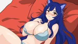 big_breasts blue_hair blush bra cat_ears catgirl hi_res large_breasts looking_at_viewer lying lying_on_back lying_on_bed mole_under_eye moles_under_eyes panties red_bed_sheet snezha solo_female virtual_youtuber vtuber yellow_eyes